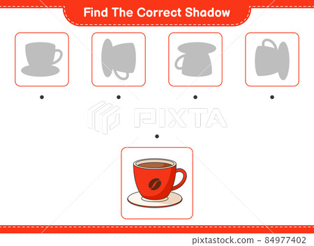 Find the correct shadow. Find and match the correct shadow of Coffee Cup. Educational children game, printable worksheet, vector illustration Find the correct shadow. Find and match the correct shadow of Coffee Cup. Educational children game, printable worksheet, vector illustration 84977402