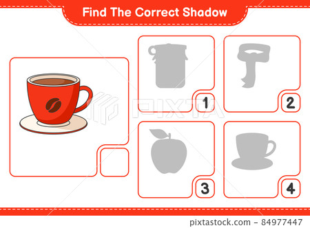 Find the correct shadow. Find and match the correct shadow of Coffee Cup. Educational children game, printable worksheet, vector illustration Find the correct shadow. Find and match the correct shadow of Coffee Cup. Educational children game, printable worksheet, vector illustration 84977447