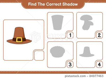 Find the correct shadow. Find and match the correct shadow of Hat. Educational children game, printable worksheet, vector illustration Find the correct shadow. Find and match the correct shadow of Hat. Educational children game, printable worksheet, vector illustration 84977463