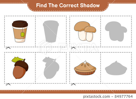 Find the correct shadow. Find and match the correct shadow of Acorn, Tea Cup, Pie, Mushroom Boletus. Educational children game, printable worksheet, vector illustration 84977764
