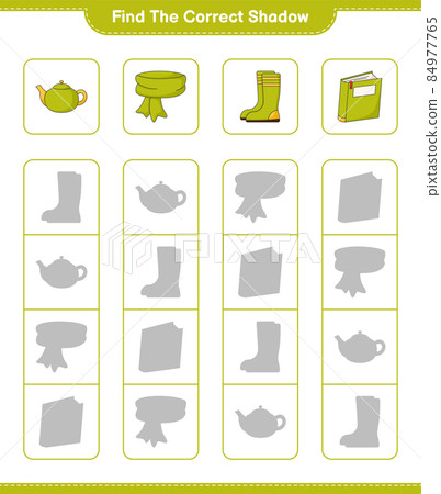 Find the correct shadow. Find and match the correct shadow of Scarf, Book, Rubber Boots, Teapot. Educational children game, printable worksheet, vector illustration Find the correct shadow. Find and match the correct shadow of Scarf, Book, Rubber Boots, Teapot. Educational children game, printable worksheet, vector illustration 84977765