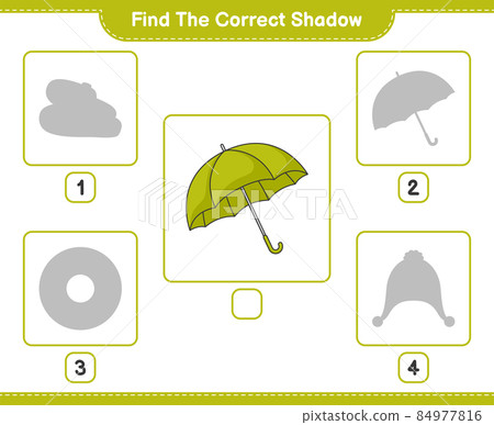 Find the correct shadow. Find and match the correct shadow of Umbrella. Educational children game, printable worksheet, vector illustration 84977816