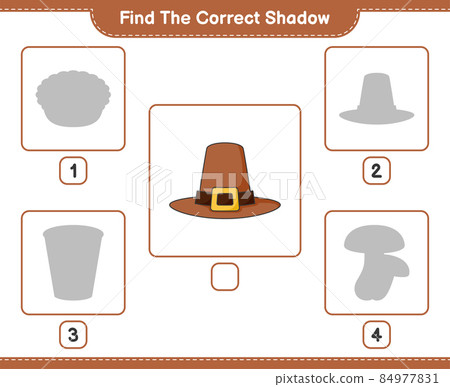 Find the correct shadow. Find and match the correct shadow of Hat. Educational children game, printable worksheet, vector illustration 84977831