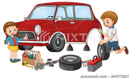 Dad and daughter fixing a car together on white background 84977867