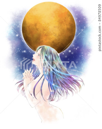 A woman looking up and smiling / full moon 84978509