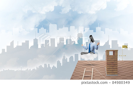 Concept of security and privacy protection with camera headed man meditating 84980349