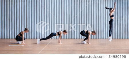 Fit woman doing a burpee exercise. Endurance training. Step by step instructions burpee 84980396