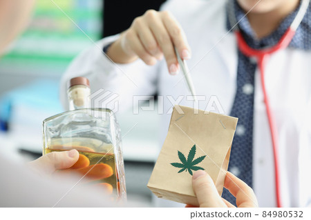 Female doctor explain benefit from marijuana to her patient Female doctor explain benefit from marijuana to her patient 84980532