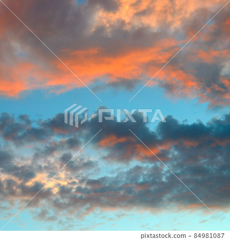 Red sunrise over the horizon. Sky with beautiful clouds. Red sunrise over the horizon. Sky with beautiful clouds. 84981087