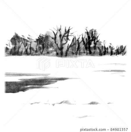 Snow scene drawn by ink painting technique - Stock Illustration ...