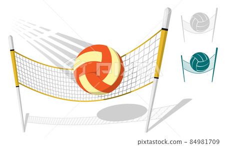 Cartoon volleyball ball flies with great speed after great hit flies into net. Sport equipment. Illustration for beach and classic volleyball. Cartoon vector 84981709