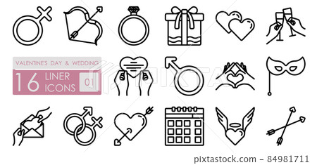 Valentines day and wedding. Romantic relationship, gifts, diamond ring, envelope with greeting card. Heart, bow and arrows cupid symbols of holiday. Set of simple linear icons Valentines day and wedding. Romantic relationship, gifts, diamond ring, envelope with greeting card. Heart, bow and arrows cupid symbols of holiday. Set of simple linear icons 84981711