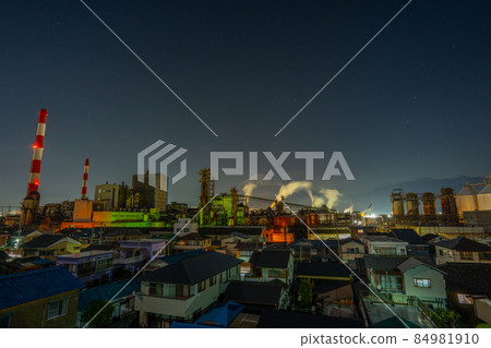 Factory, Mt. Fuji, and shooting star, Fuji City, a papermaking town Factory, Mt. Fuji, and shooting star, Fuji City, a papermaking town 84981910