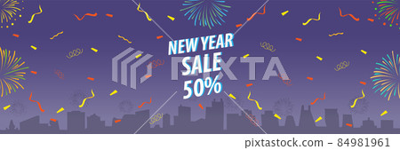新年特賣、煙花和城市景觀背景、字母 新年特賣、煙花和城市景觀背景、字母 84981961