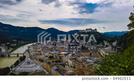 Aerial cityscape panorama view to Salzburg old city Austria 84982011