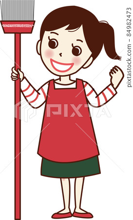 A smiling woman with a broom. 84982473