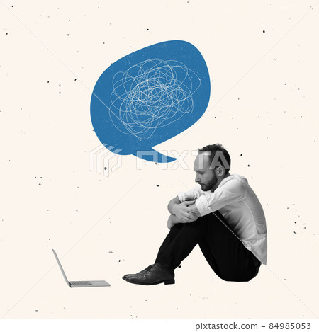 Creative design, contemporary art collage of sad, unhappy looking man sitting in front of laptop with thoughts bubble Creative design, contemporary art collage of sad, unhappy looking man sitting in front of laptop with thoughts bubble 84985053