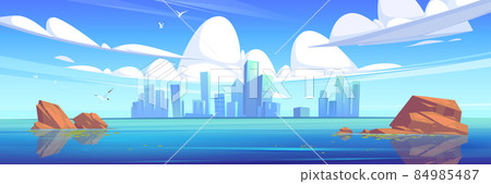 Lake or river and city buildings on skyline 84985487