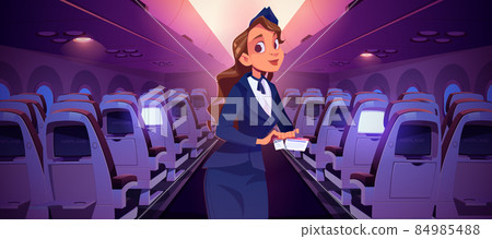 Stewardess with ticket inside airplane cabin Stewardess with ticket inside airplane cabin 84985488