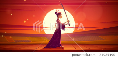 Japanese geisha wear kimono holding samurai katana Japanese geisha wear kimono holding samurai katana 84985490