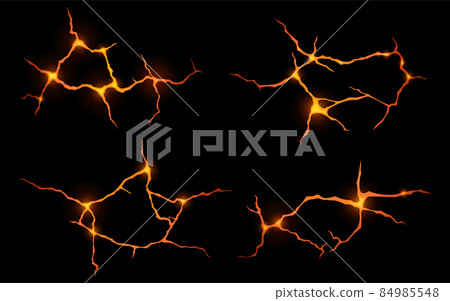 Lava in ground cracks top view, volcano magma 84985548