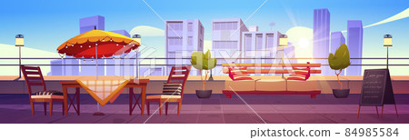 Restaurant at rooftop terrace on city background Restaurant at rooftop terrace on city background 84985584