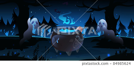Forest with witch cauldron and ghosts at night 84985624