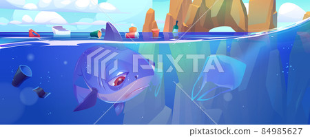 Sad shark underwater in sea with plastic trash Sad shark underwater in sea with plastic trash 84985627