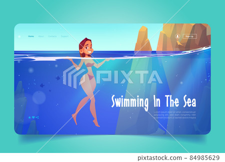 Swimming in sea banner with girl in water Swimming in sea banner with girl in water 84985629