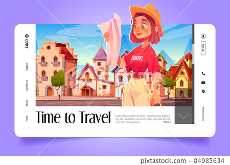 Time to travel cartoon landing page, traveler girl Time to travel cartoon landing page, traveler girl 84985634