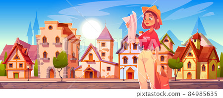 Traveler girl learn map search way in foreign city Traveler girl learn map search way in foreign city 84985635