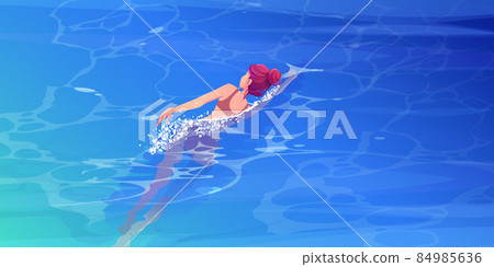 Girl swims in sea, ocean or pool top view Girl swims in sea, ocean or pool top view 84985636