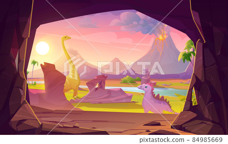 Prehistoric scene with dinosaurs, volcano and cave Prehistoric scene with dinosaurs, volcano and cave 84985669
