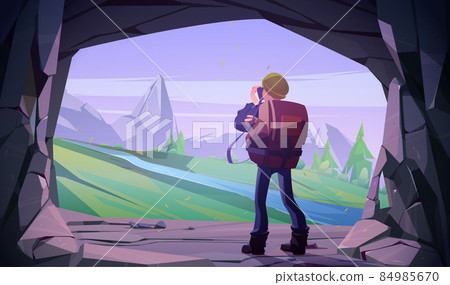 Hiker man taking photo of mountain landscape Hiker man taking photo of mountain landscape 84985670