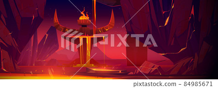 Ancient stone altar with devil horns in lava lake Ancient stone altar with devil horns in lava lake 84985671