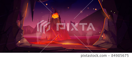 Volcano eruption cave view, Halloween background 84985675