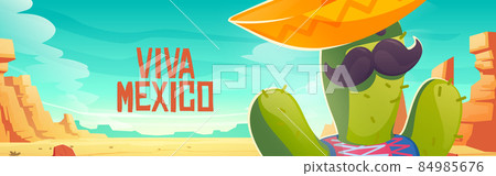 Viva Mexico banner with cute cactus in sombrero Viva Mexico banner with cute cactus in sombrero 84985676