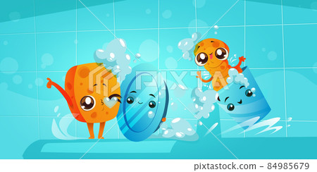 Cute sponges cleaning plate and glass on kitchen Cute sponges cleaning plate and glass on kitchen 84985679