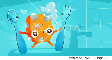 Cute kitchen sponge, spoon and fork characters Cute kitchen sponge, spoon and fork characters 84985680