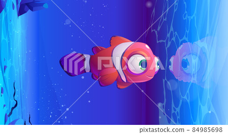 Cartoon clown fish look on reflection at water Cartoon clown fish look on reflection at water 84985698