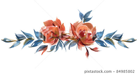 Blue and orange roses floral garland vignette in 84985802