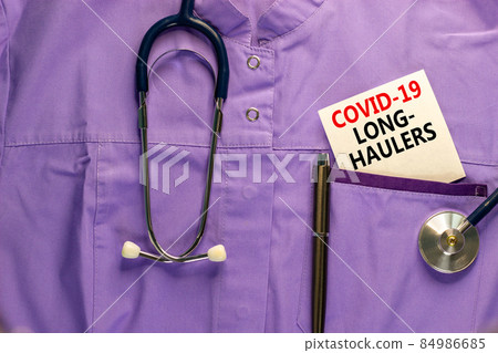 COVID-19 long-haulers covid symptoms symbol. White card with words Covid-19 long-haulers. Medical uniform, metalic pen and stethoscope. Medical, COVID-19 long-haulers covid symptoms concept. 84986685