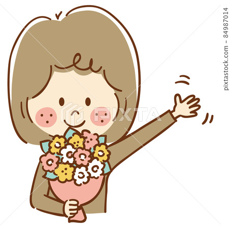 一個女人拿著一束花，揮舞著她的手 84987014