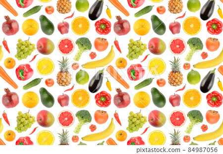 Big seamless pattern from bright healthy fruits and vegetables isolated on white 84987056