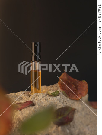 Beautiful glass sprayer bottle standing on a stone with apple leaves. Autumn cosmetic concept composition. Wooden scent perfume sample presentation. Luxury product advertising concept or mockup Beautiful glass sprayer bottle standing on a stone with apple leaves. Autumn cosmetic concept composition. Wooden scent perfume sample presentation. Luxury product advertising concept or mockup 84987081