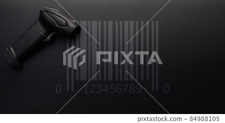 Barcode concept. Retail label barcode scan. Reader laser scanner for warehouse on black background. Warehouse inventory management. 84988105