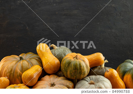 Assortment of different pumpkins on dark wooden background 84990788