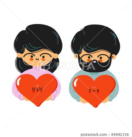 ute funny woman and man hold hearts in hands. Young woman and man hugs cute hearts. Vector hand drawn doodle style cartoon character illustration icon design. Isolated on white background ute funny woman and man hold hearts in hands. Young woman and man hugs cute hearts. Vector hand drawn doodle style cartoon character illustration icon design. Isolated on white background 84992136