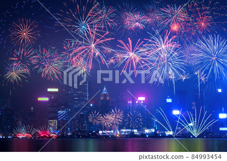 Abstract colored firework on dark sky. Celebration and anniversary concept Abstract colored firework on dark sky. Celebration and anniversary concept 84993454
