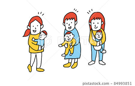 Illustration of a mom and mom friend holding a baby of the same age 84993851